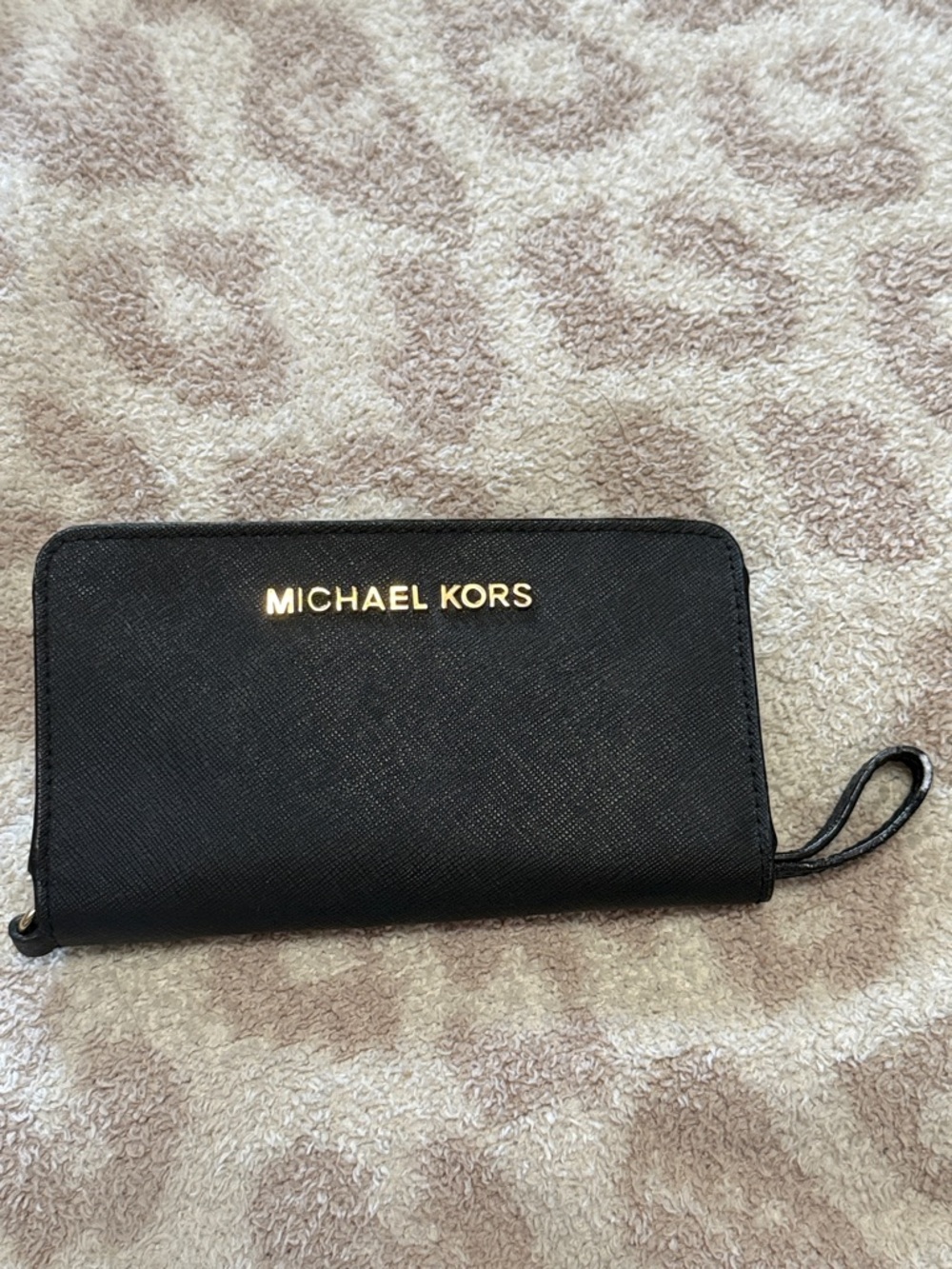 Michael Kors Black Saffiano Zip Wallet with Gold Logo